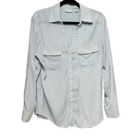 New York & Company Polka Dot Split Neck Tunic Shirt White blue Womens Size Large - Picture 1 of 8